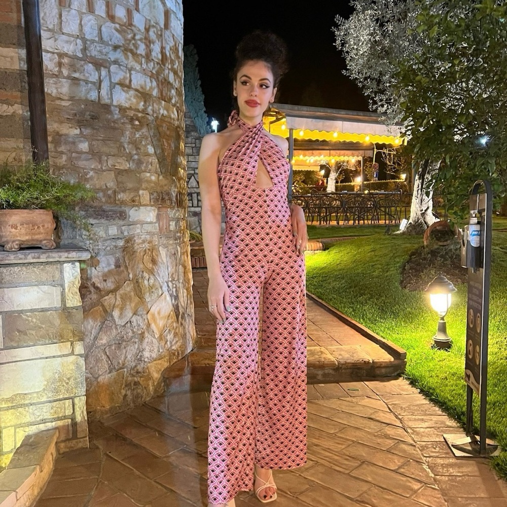 Bershka Pink Geometric Halter Jumpsuit